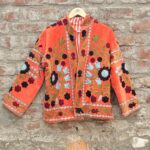 Womens Orange Velvet Embroidered Jacket with Floral Design